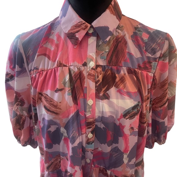 Pink multi colored Floral  Ruffle Hem Smock Dress,baby doll dress,Large,New - Picture 11 of 12